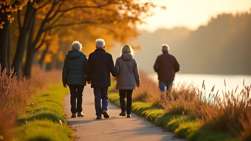 Senioru grupa pastaigas laikā pie Daugavas krastmalas ar mierīgu atmosfēru