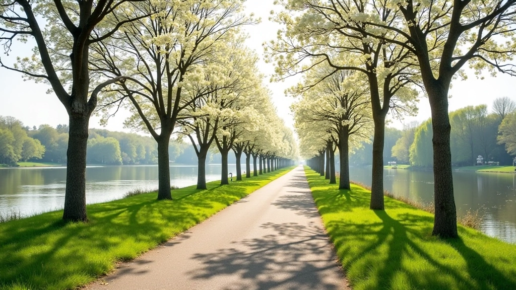 Skaisti maršruti Daugavas embankment ar pūpolu kokiem, pavasara ziedi un mierīga jūra fona
