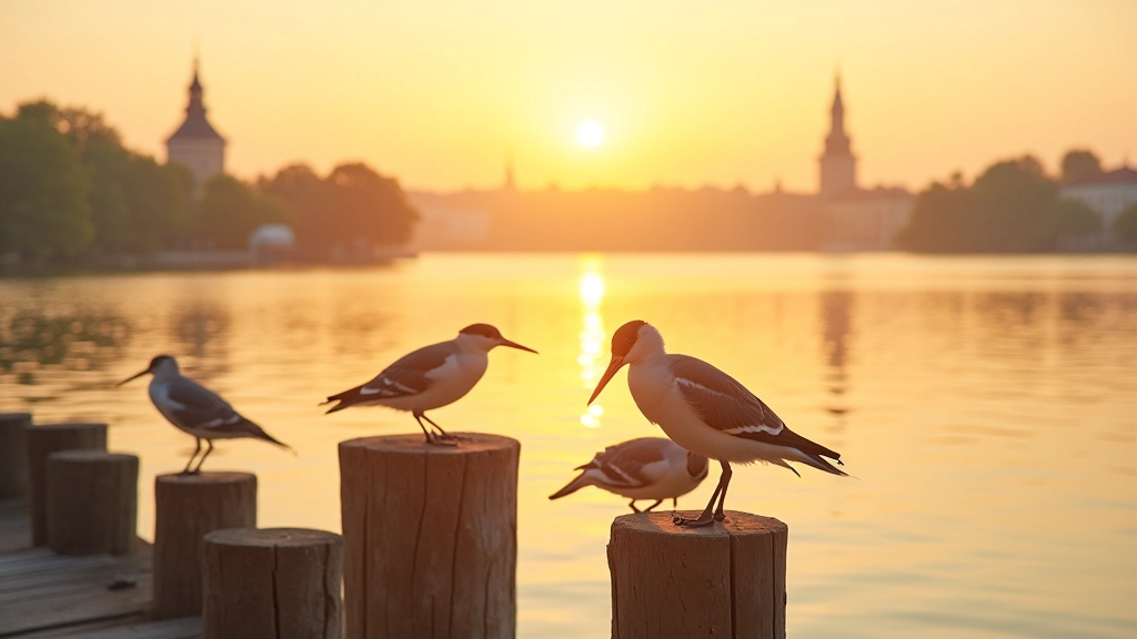 Skaista saulaita rīta skats uz Daugavas ūdeni ar putnu krāvju sēžošiem uz pīlāriem un Vecā Rīga fona, tūkstošiem putnu skaista vide